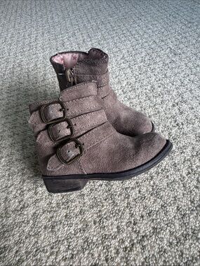 Girls' Taupe Suede Ankle Boots with Buckle Straps